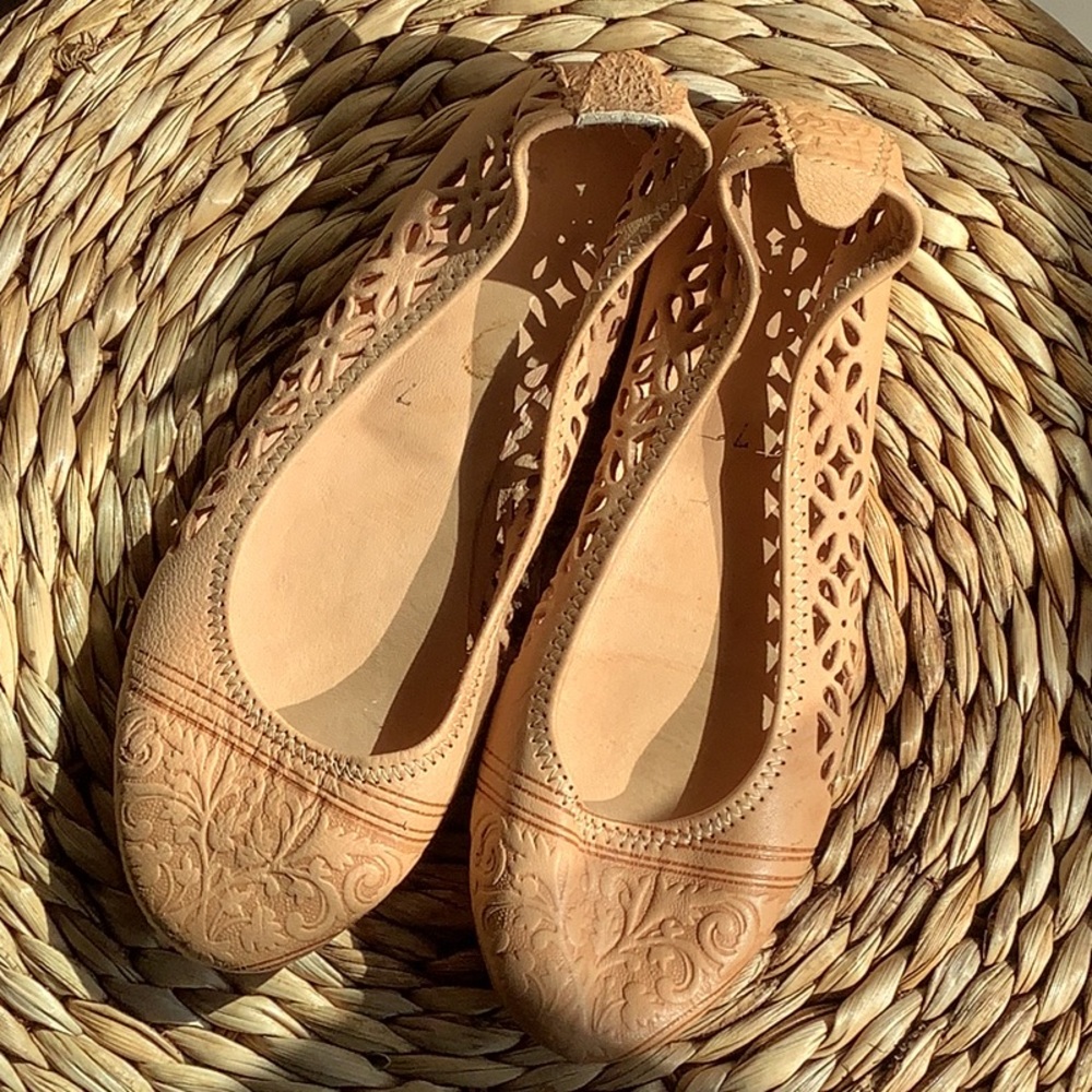 Tan Leather Flats with Rounded Toe Design